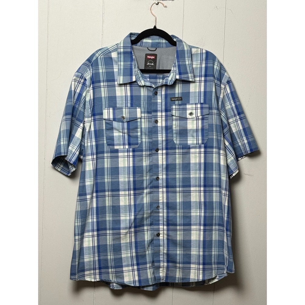 Wrangler Mens Blue Plaid Short Sleeve Button Down Shirt Regular Fit Size 2XL